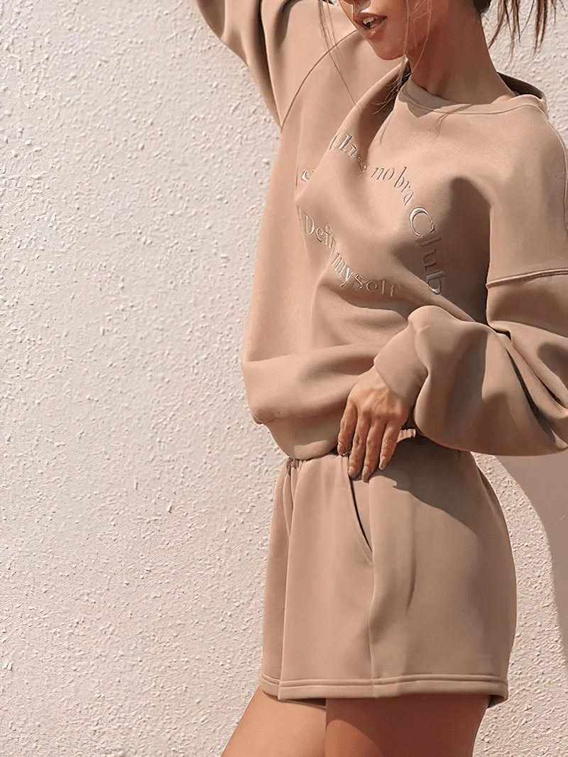 Chic women's tan Letter Embroidery sweatshirt and shorts set, featuring O-Neck collar and stylish casual fit, ideal for outdoor wear.